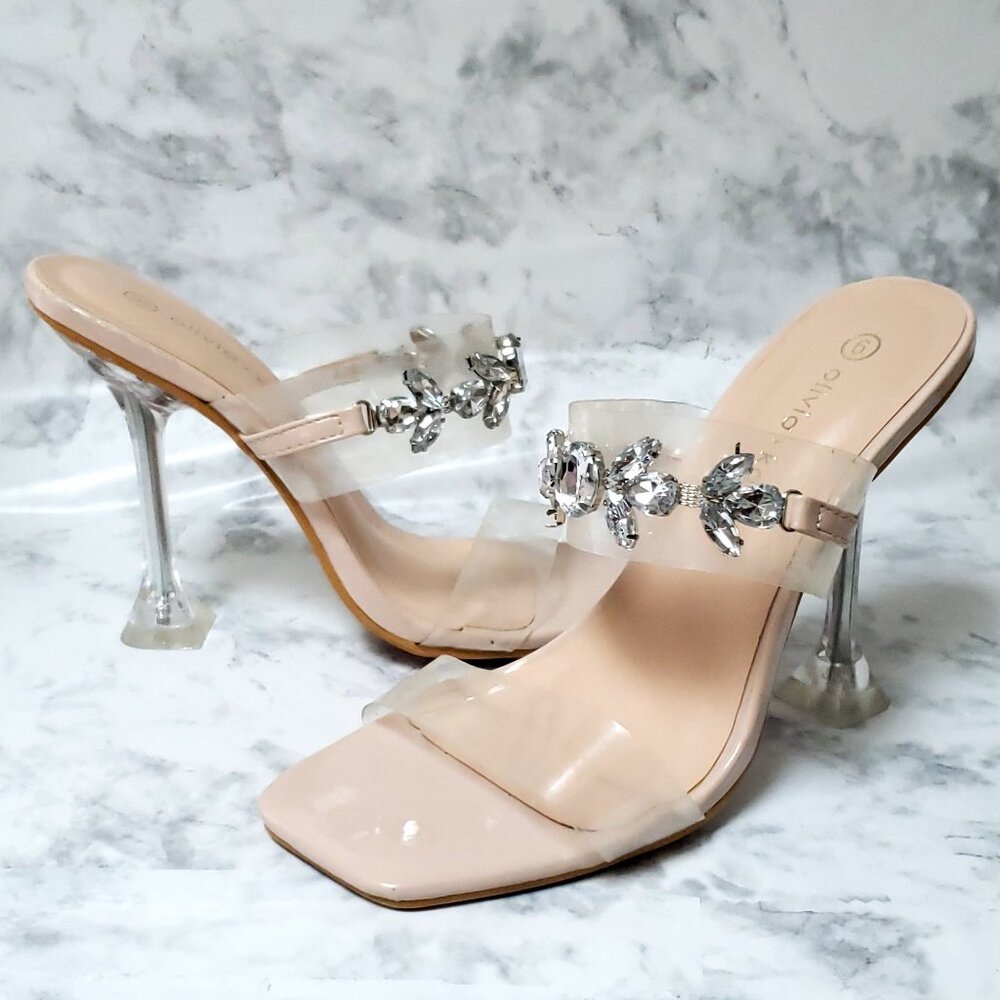 OLIVIA+KATE Clear jelly open toe rhinestone high square chunky platform heels 6